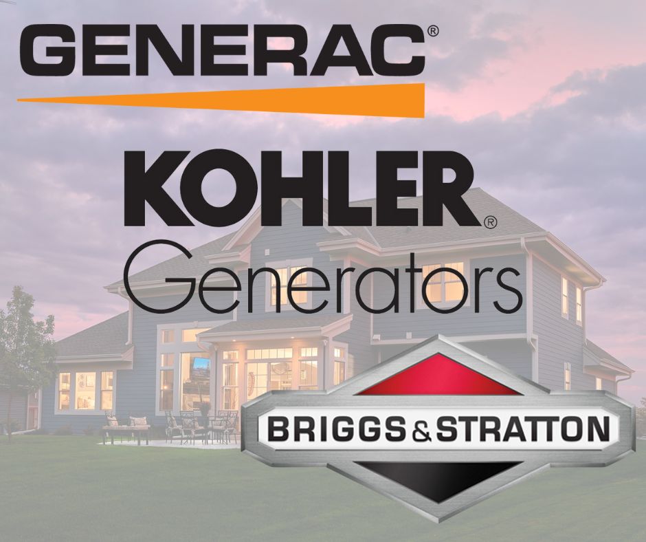 A home lit up from a standby generator and the 3 leading brands of Generators: Generac, KOHLER and Briggs & Stratton