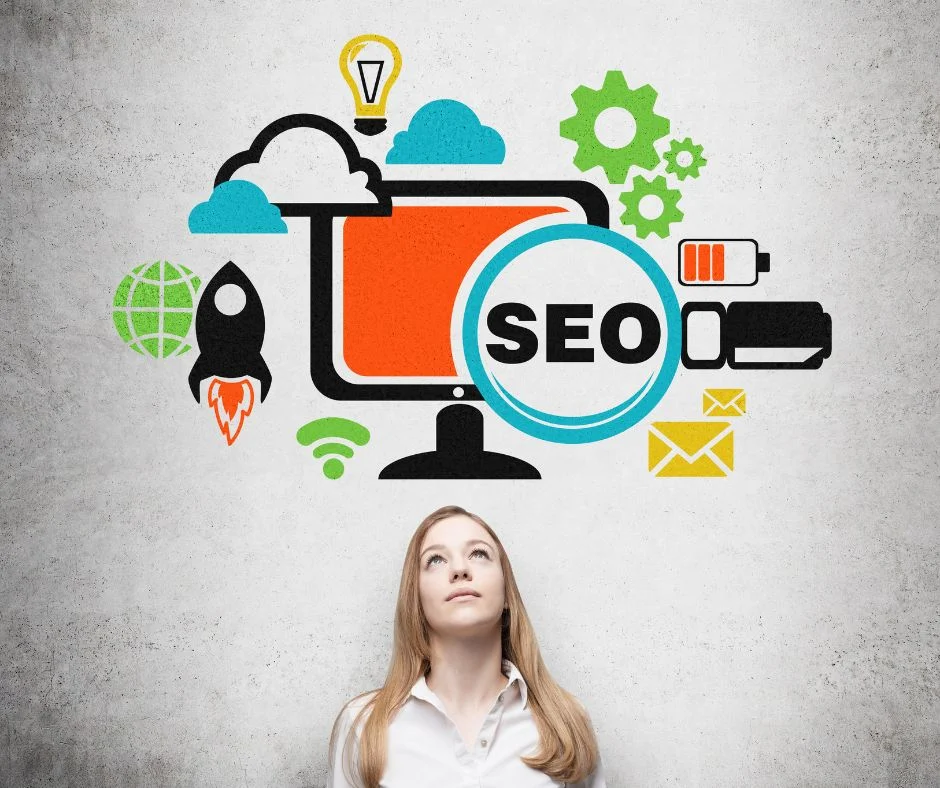 Woman looking up trying to understand SEO Services, but with OMS, we make it easy, straightforward & profitable for your SMB