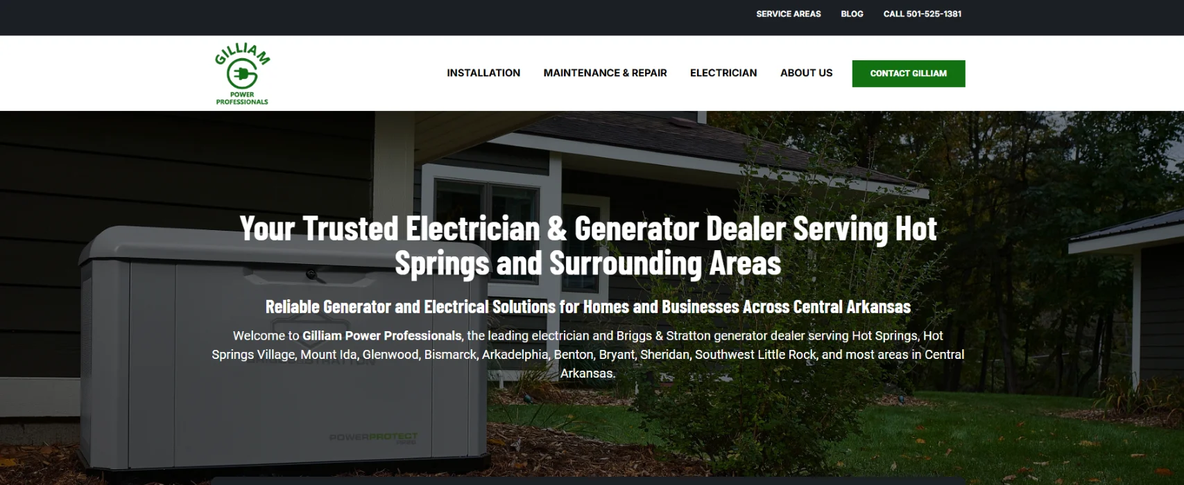 A screenshot of the newly revamped Gilliam Power Professionals website, featuring a modern design, lead-generation elements, and interactive features like a custom review container.