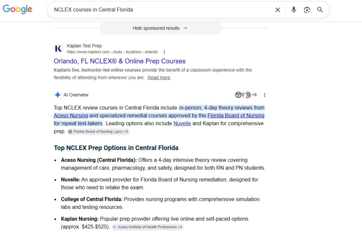 Aceso Institute of Health Professions Launches New AI-Optimized Website 4 Screenshot of Google's SERP in AI Overview showing Aceso ranking #1